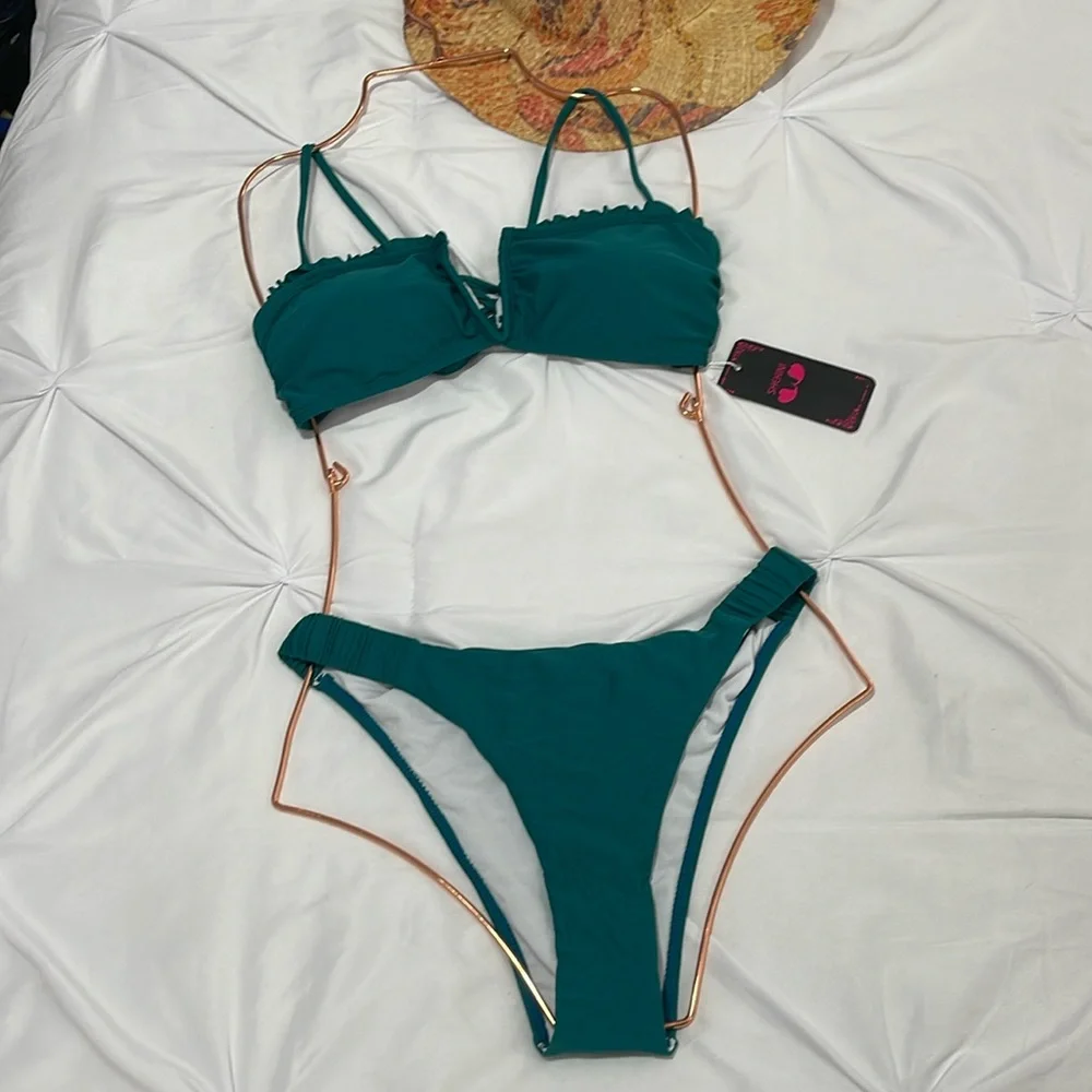 SHEKINI Women's V-Wired Bikini Set Lace Up Bathing Suit‎ Ruffle Trim Two Piece M